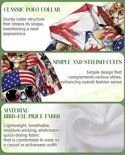 Patriotic Cat 3D Polo Shirt for Men, 4th of July USA Flag Style | Azhawaiian