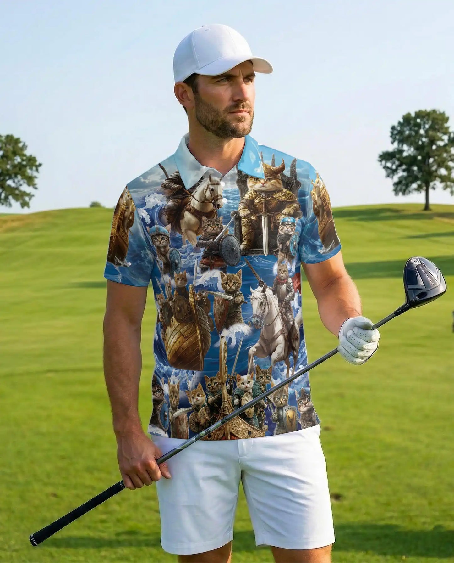 Viking Cat Polo Shirt - Warrior Cats Norse Adventure Fantasy Design | Azhawaiian