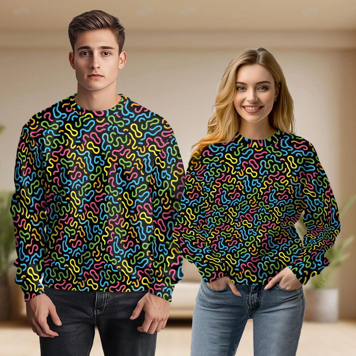 Neon Scribble Art Sweatshirt – Colorful Graphic 3D All Over Print Design