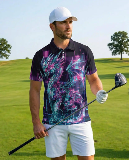 Cyber Dragon Polo Shirt for Men - Neon Fantasy Art | Azhawaiian