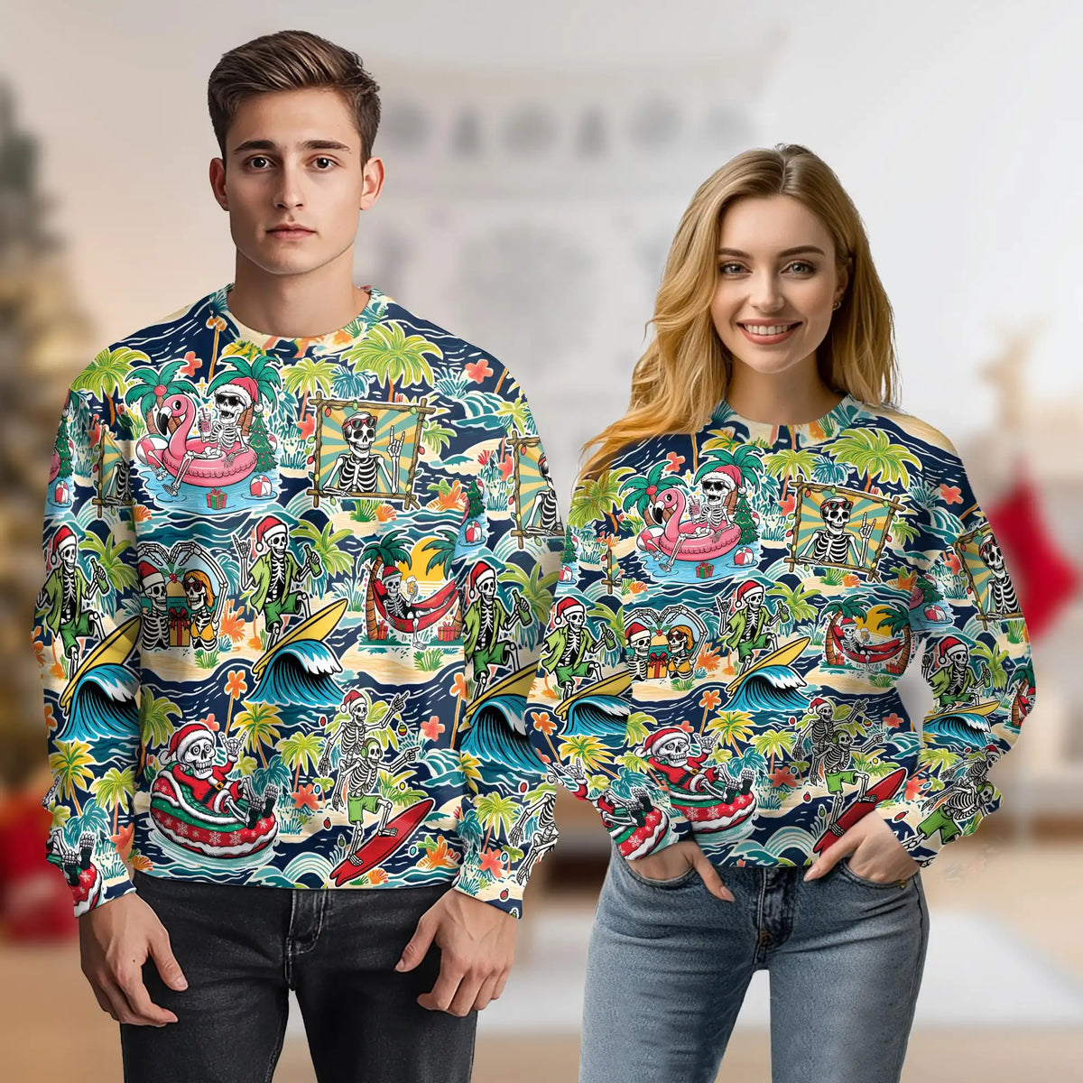 Christmas Skeleton Beach Sweatshirt – Tropical Christmas 3D All Over Print Design