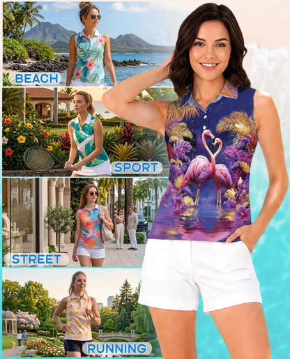 Tropical Pair of Pink Flamingos Sleeveless Polo Shirt for Women | Azhawaiian