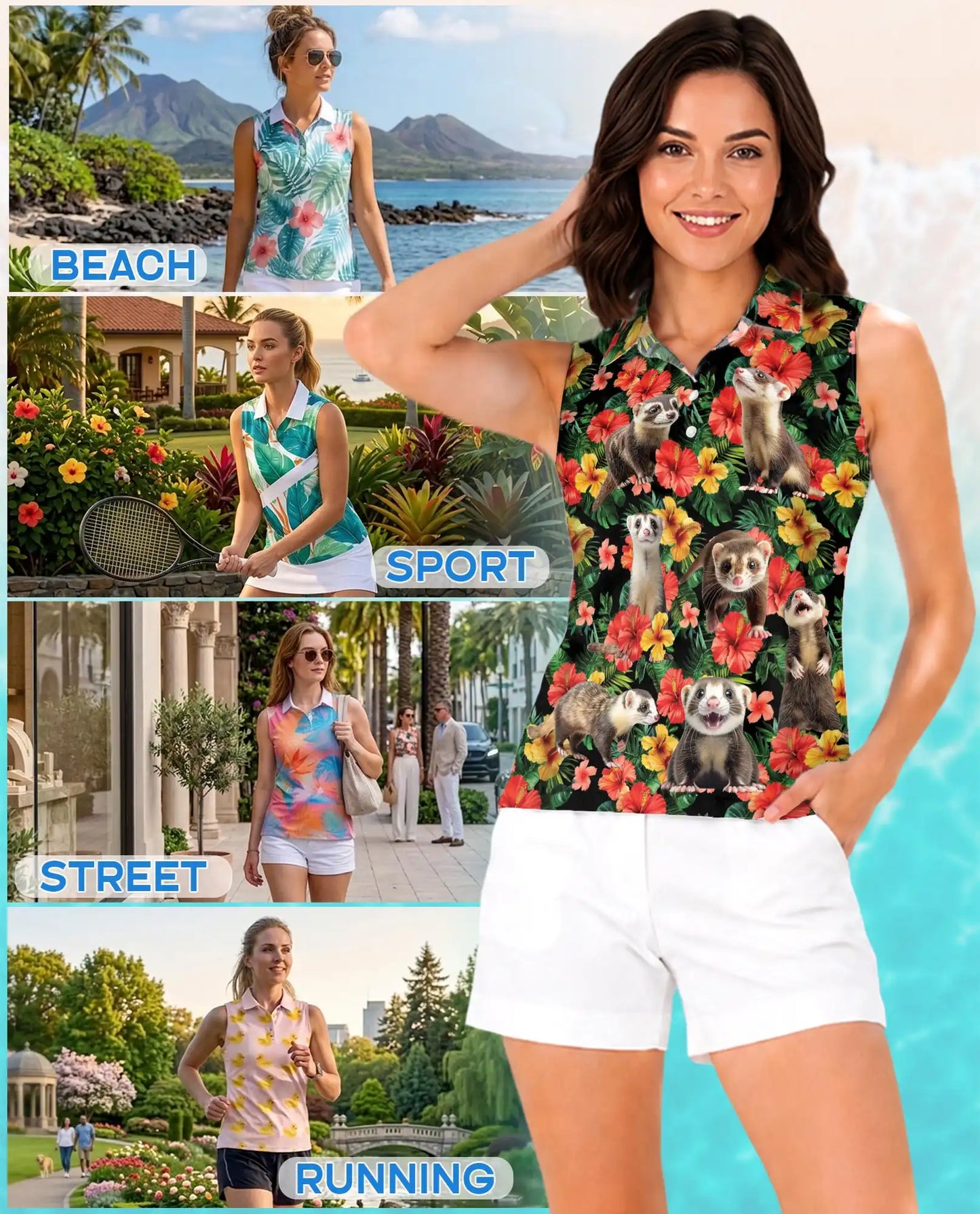 Ferrets Tropical Sleeveless Polo Shirt for Women, Cute Exotic Animal Style | Azhawaiian
