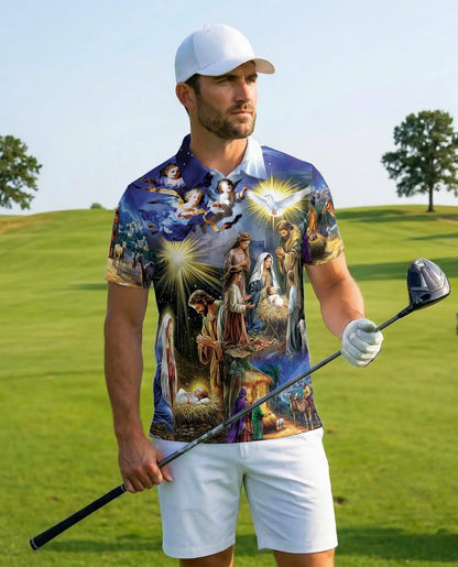 Nativity Christmas 3D Polo Shirt for Men, Religious Holiday Scene Style | Azhawaiian