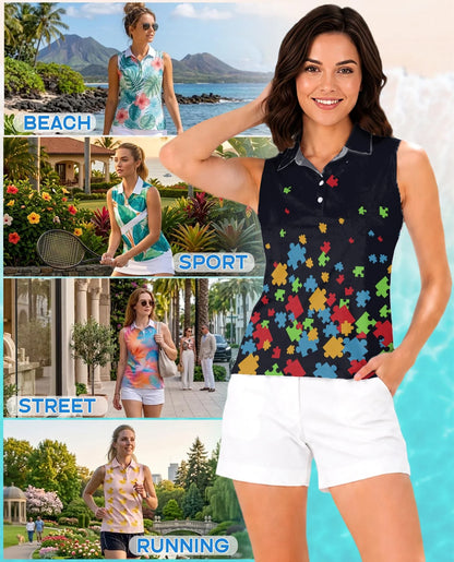 Colorful Autism Awareness Sleeveless Polo Shirt for Women, Support Style | Azhawaiian