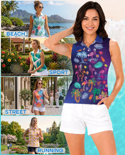 Synthwave Neon Tropical Sleeveless Polo Shirt for Women | Azhawaiian