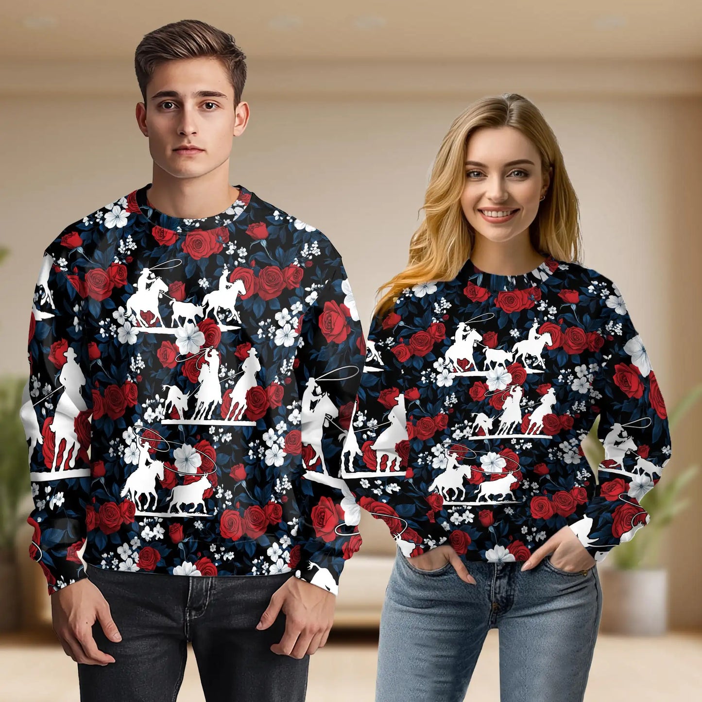 Horse Racing Flowers Rose Red Sweatshirt – Colorful Graphic 3D All Over Print Design