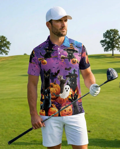 Halloween Black Cat Polo Shirt for Men, Spooky Cat Print | Azhawaiian