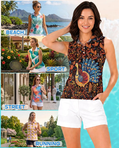 Chicken Thanksgiving Sleeveless Polo Shirt for Women | Azhawaiian