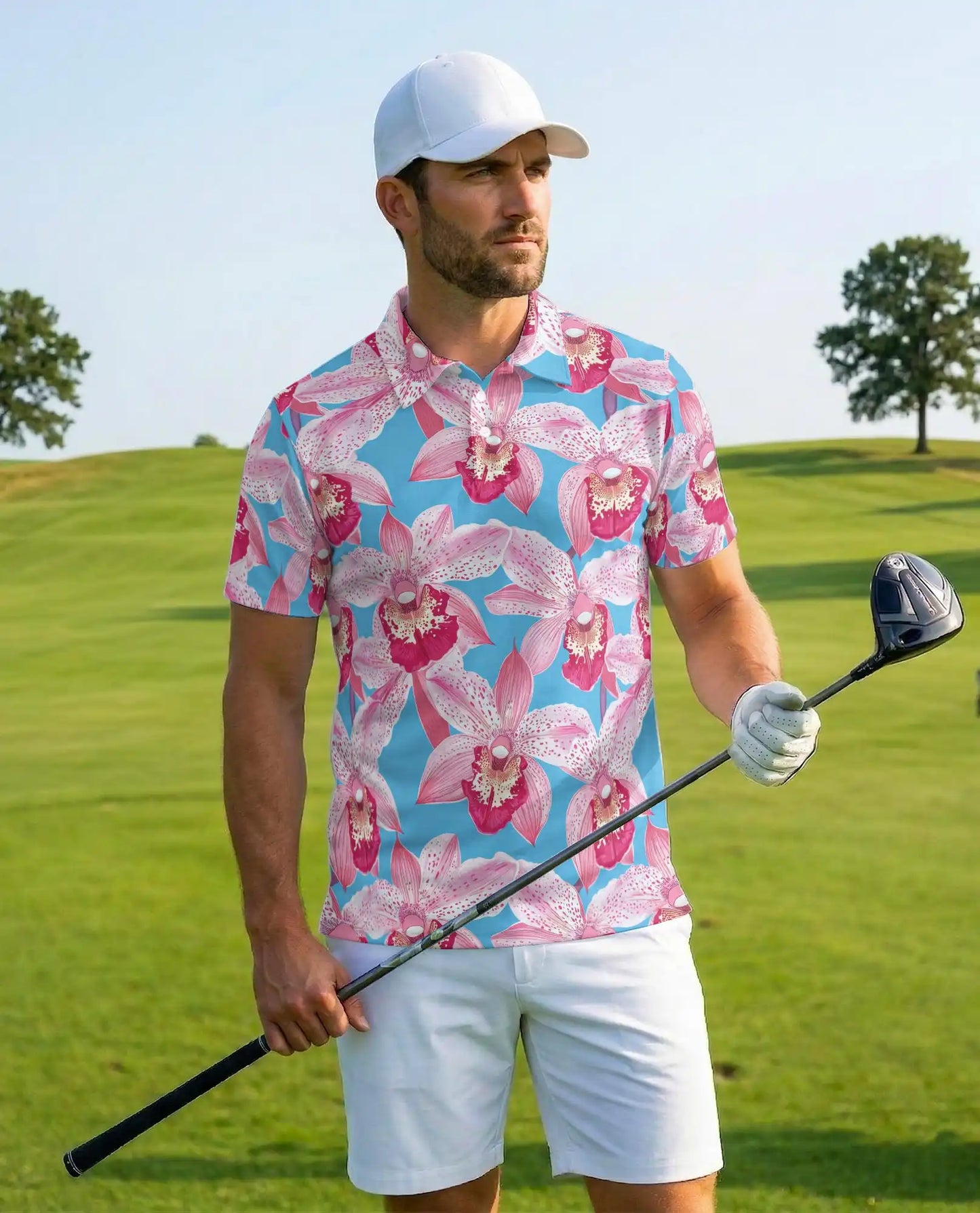 Pink Orchid Polo Shirt for Men, Tropical Floral Style | Azhawaiian