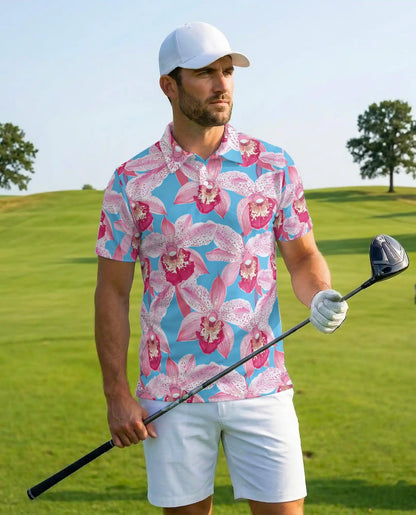 Pink Orchid Polo Shirt for Men, Tropical Floral Style | Azhawaiian