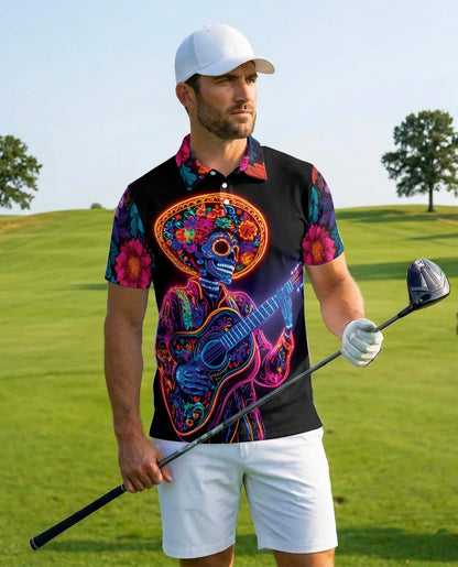 Day of the Dead Skeleton Guitar Polo Shirt for Men, Rock Skull Style | Azhawaiian