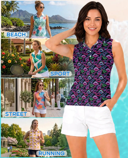 Neon Dinosaur Print Sleeveless Polo Shirt for Women | Azhawaiian