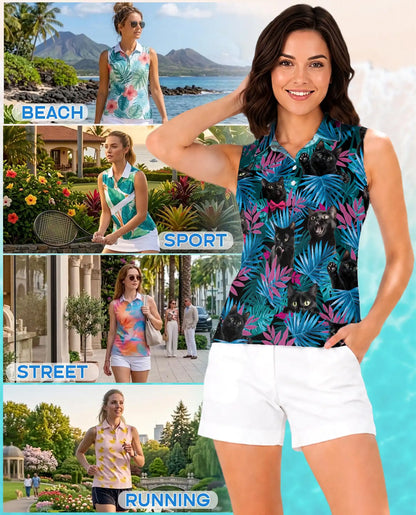 Black Cat Tropical Leaves Sleeveless Polo Shirt for Women| Azhawaiian
