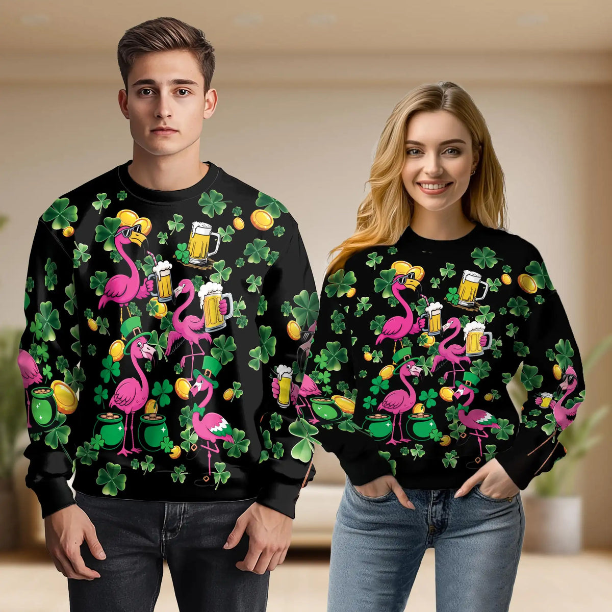 St. Patrick's Day Flamingo Pattern Sweatshirt – Colorful Graphic 3D All Over Print Design