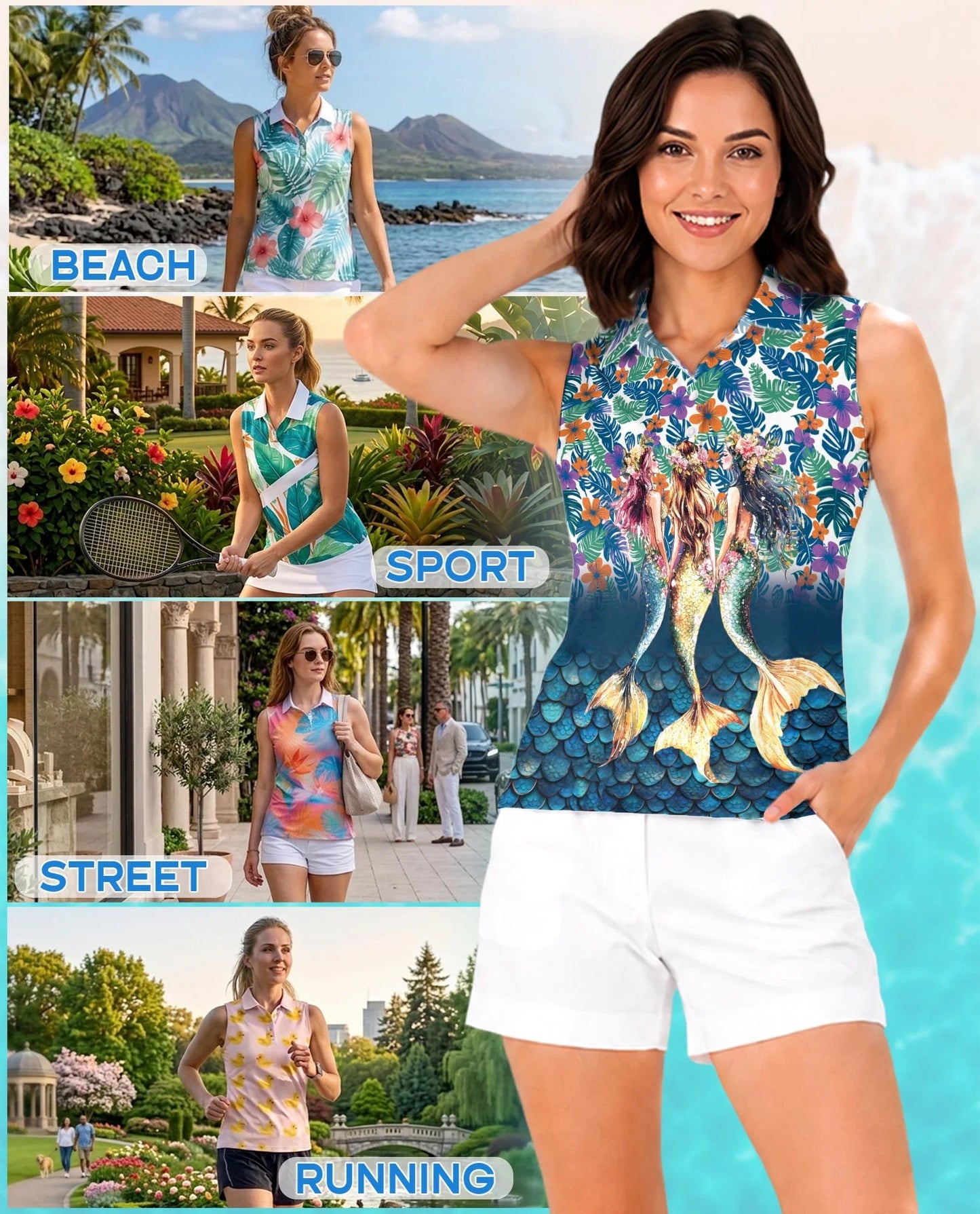 Three Mermaids Sleeveless Polo Shirt for Women | Azhawaiian