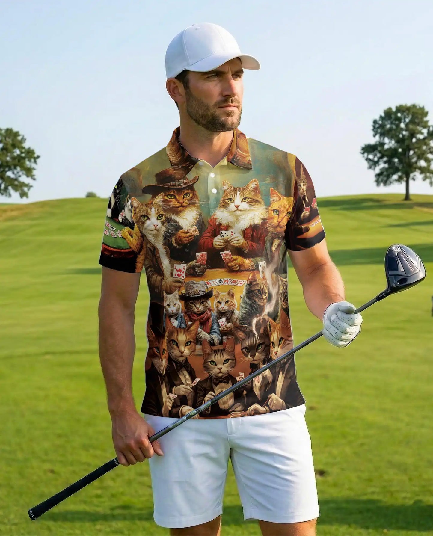 Vintage Cat Poker 3D Polo Shirt for Men, Funny Animal Card Game | Azhawaiian