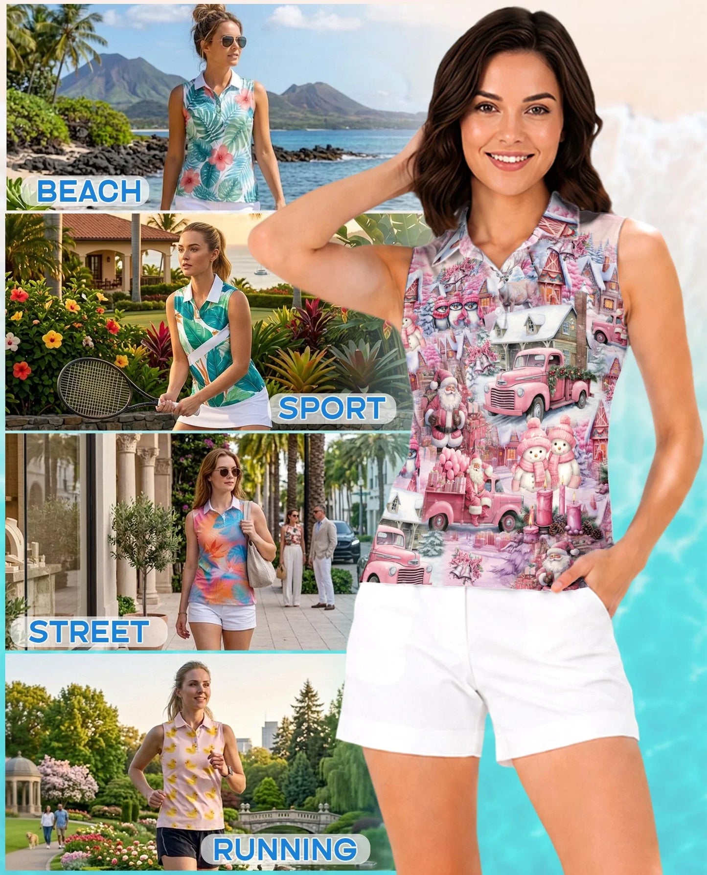 Pink Christmas Sleeveless Polo Shirt for Women | Azhawaiian