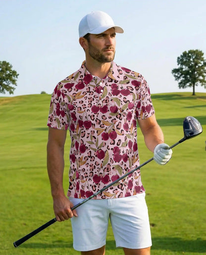 Cherry Leopard Polo Shirt for Men, Trendy Fruit Style | Azhawaiian
