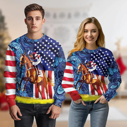 USA Flag Horse Racing Sweatshirt – Colorful Graphic 3D All Over Print Design
