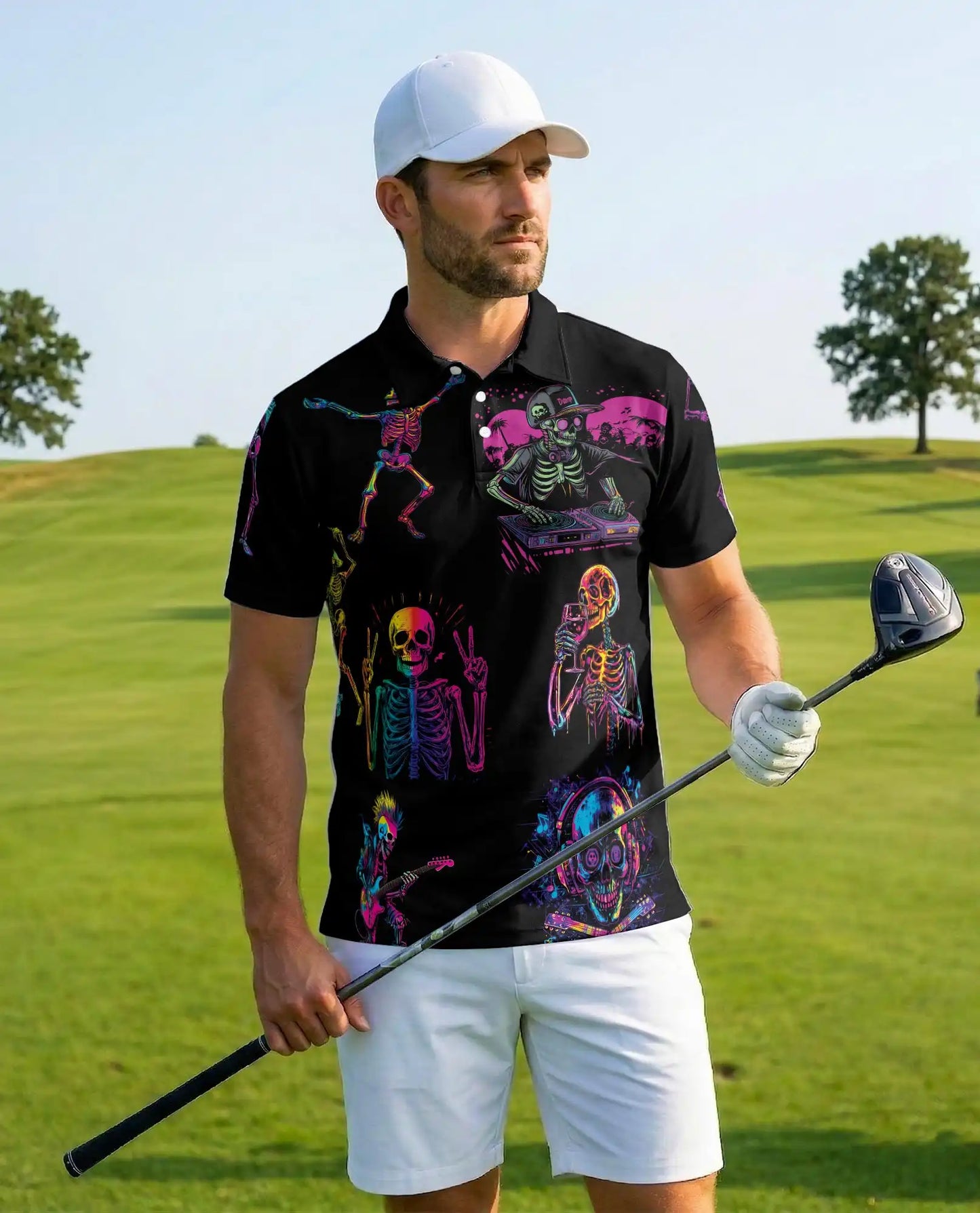 Neon Skeleton Polo Shirt - Retro Music Festival Style | Azhawaiian