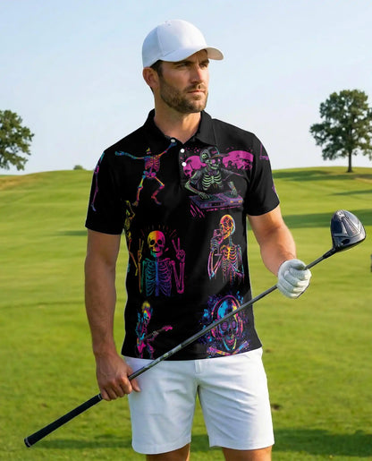Neon Skeleton Polo Shirt - Retro Music Festival Style | Azhawaiian