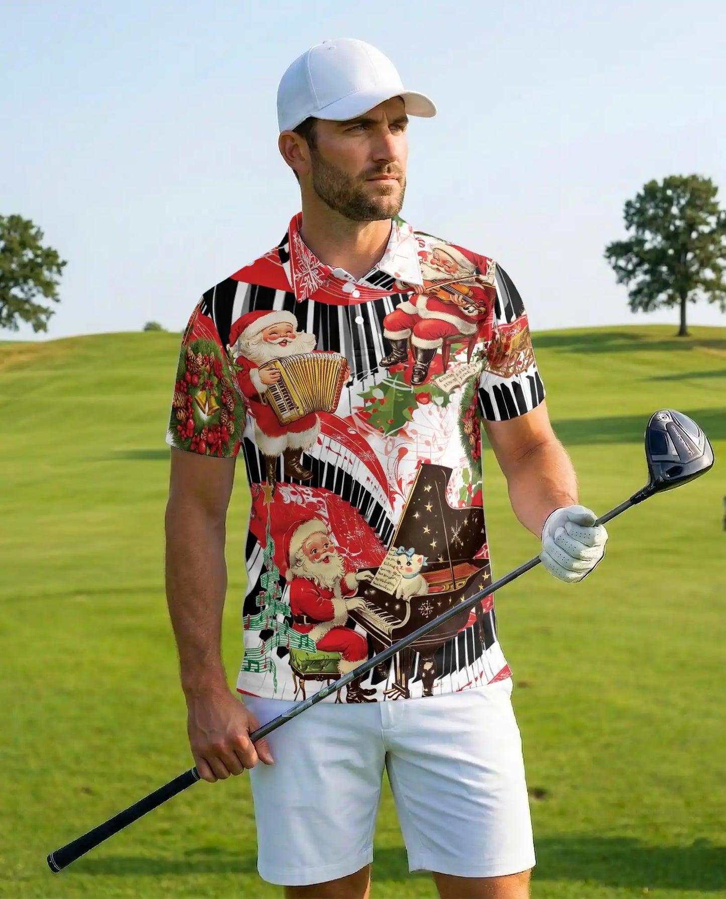 Santa Piano Music 3D Polo Shirt for Men, Christmas Holiday Musician Style | Azhawaiian