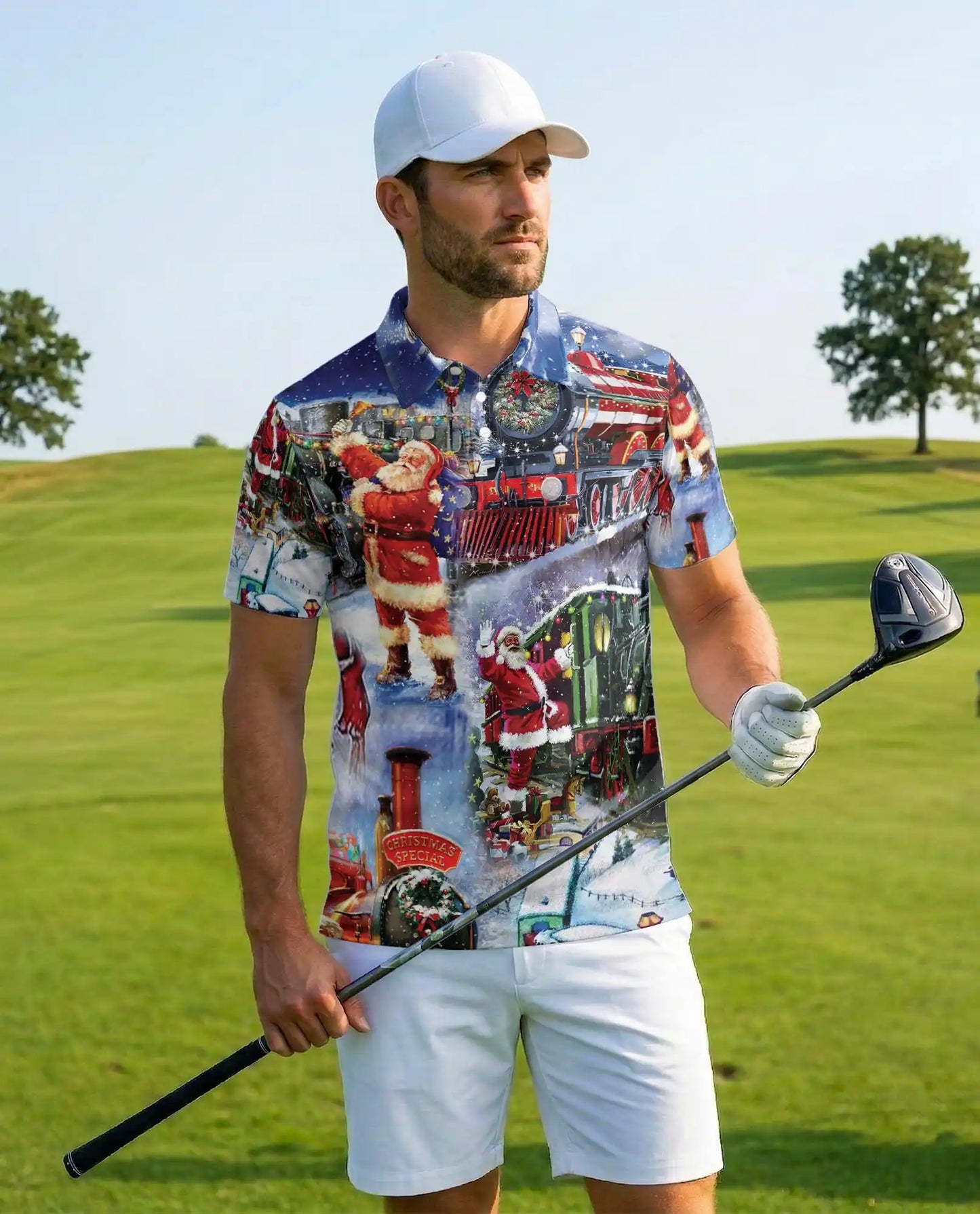 Santa Christmas Train 3D Polo Shirt for Men, Vintage Holiday Railway Style | Azhawaiian