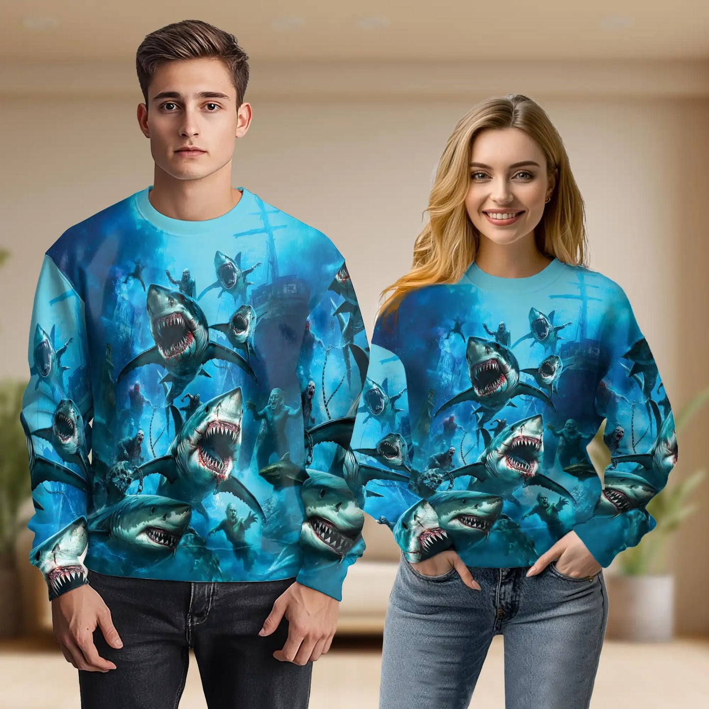 Sharks and Zombies War Sweatshirt – Colorful Graphic 3D All Over Print Design