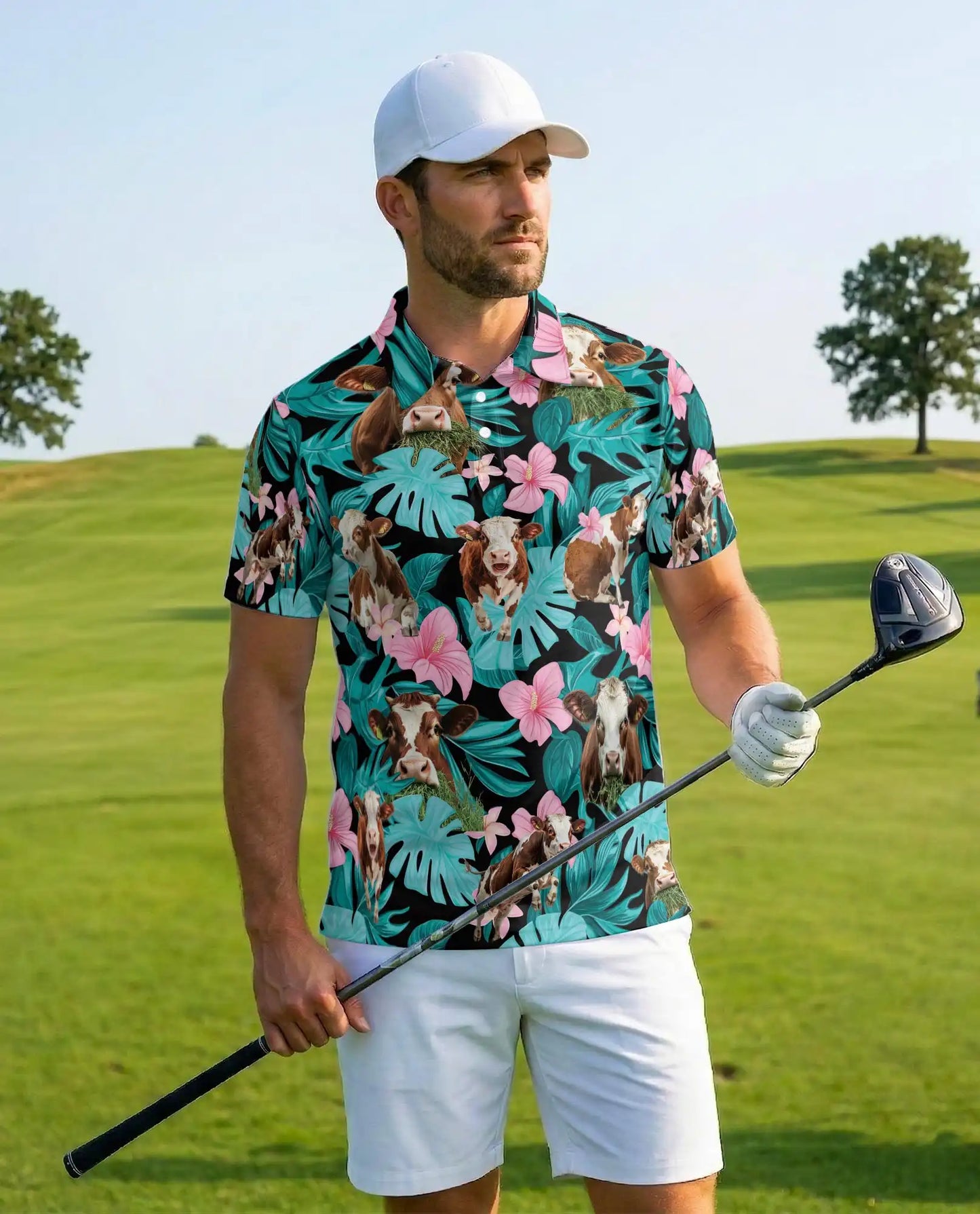 Cow Tropical Polo Shirt - Hawaiian Farm Animal Floral Design | Azhawaiian
