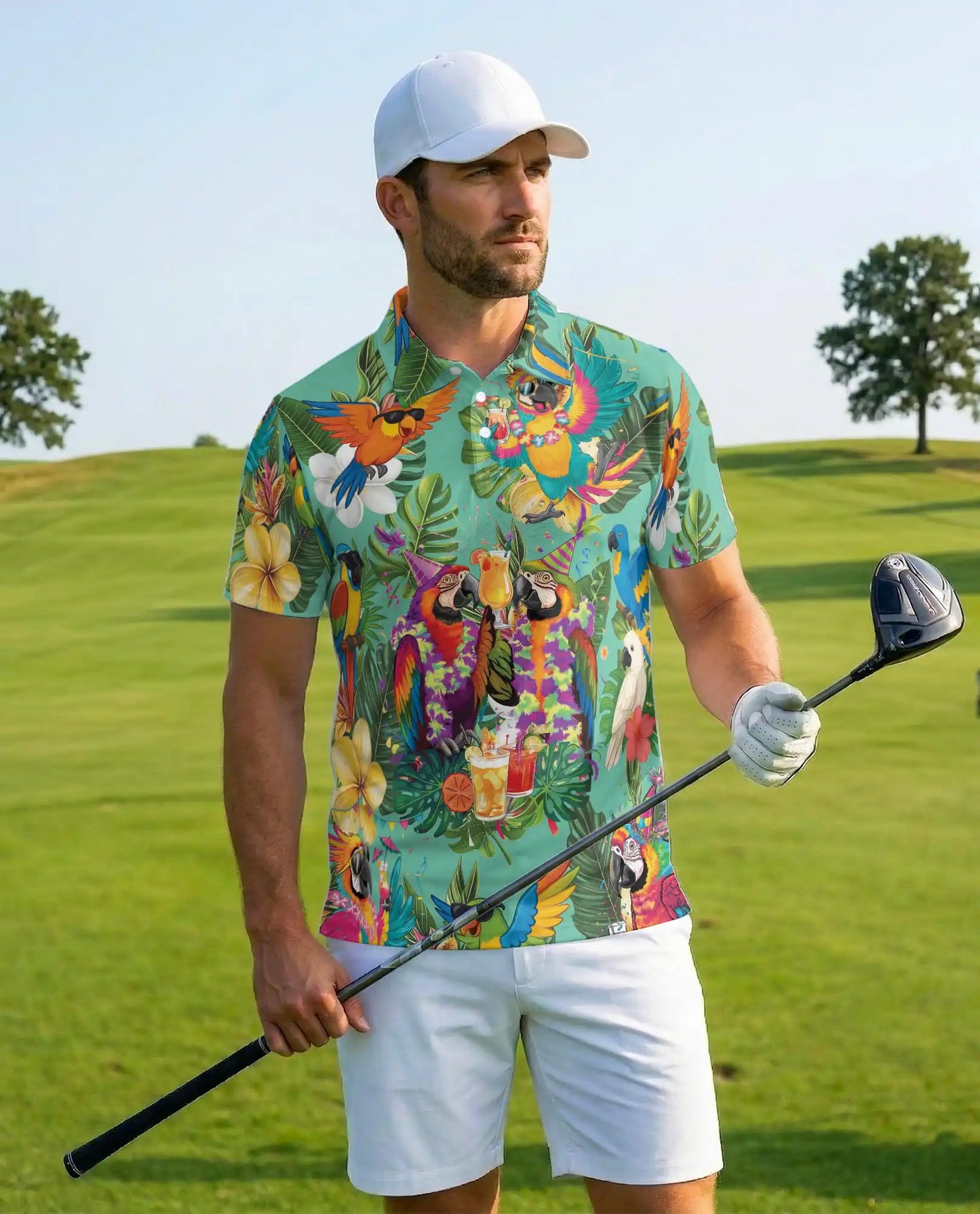 Party Parrot Polo Shirt for Men, Tropical Vacation Style | Azhawaiian