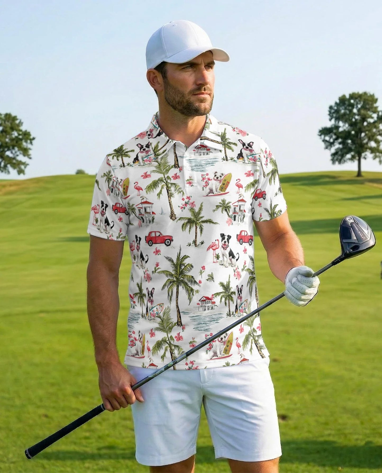 Dog Surfing Beach Polo Shirt for Men, Tropical Palm Tree Style | Azhawaiian