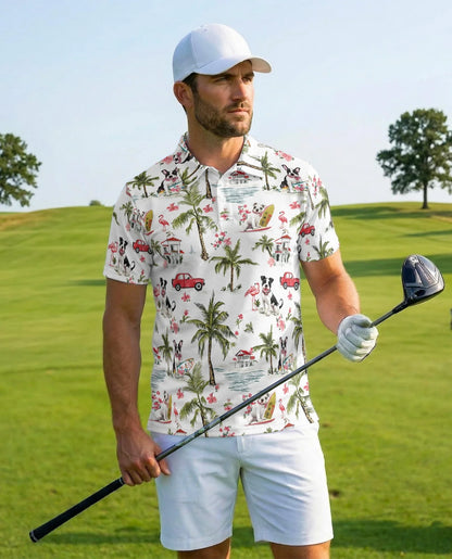 Dog Surfing Beach Polo Shirt for Men, Tropical Palm Tree Style | Azhawaiian