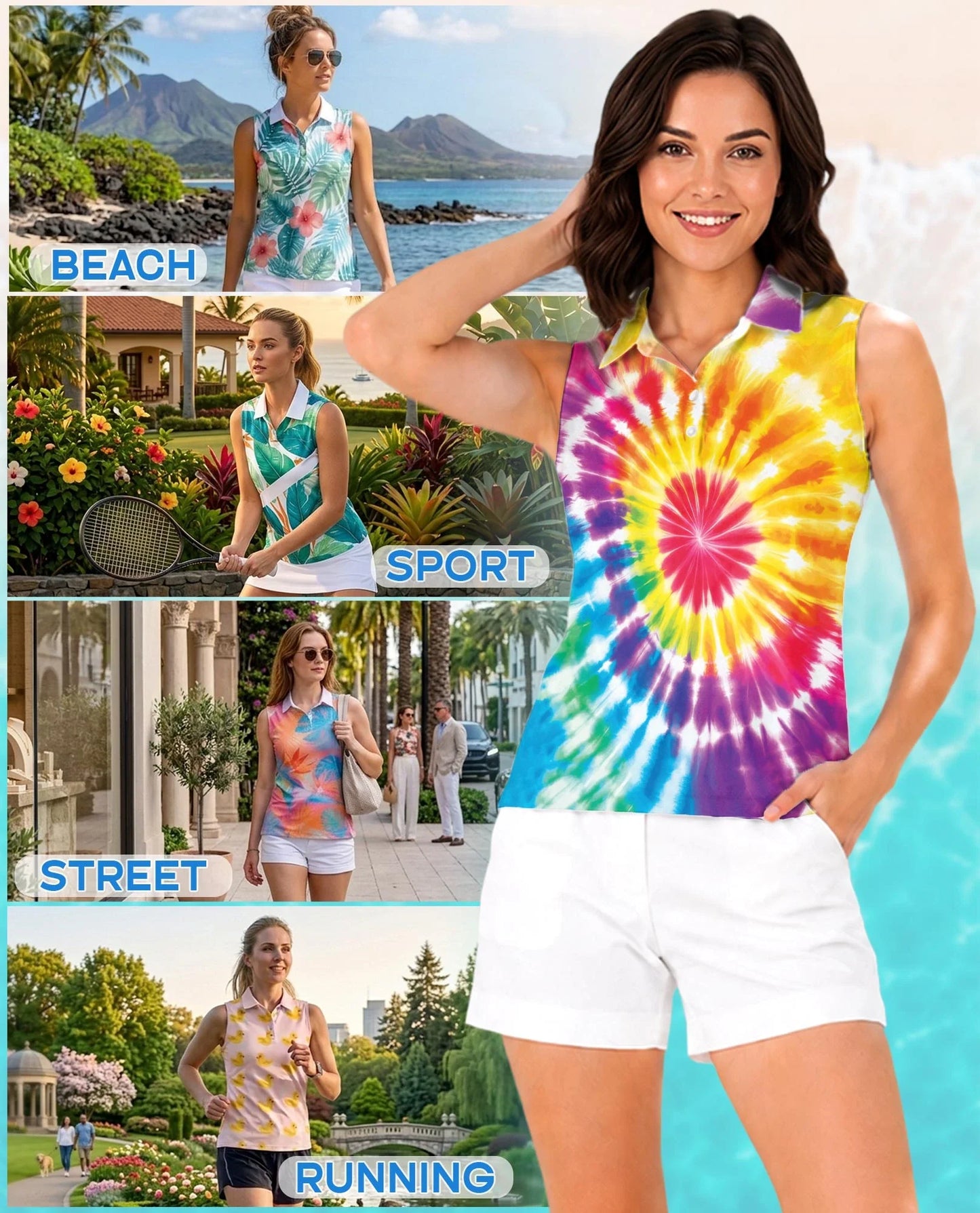 Tie Dye 3D Sleeveless Polo Shirt for Women | Azhawaiian