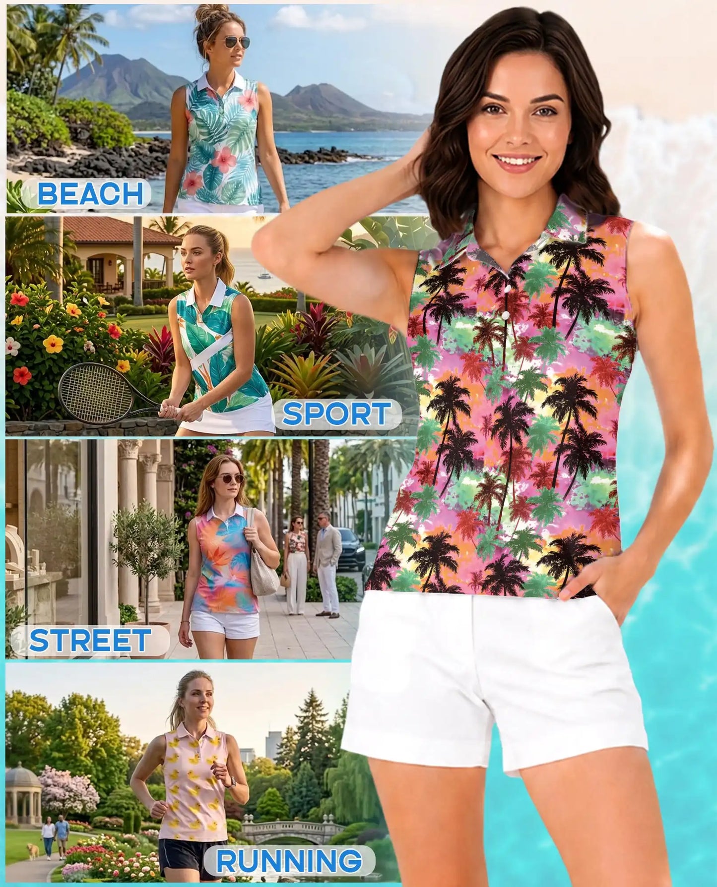 Colorful Sunset Palm Tree Sleeveless Polo Shirt for Women | Azhawaiian