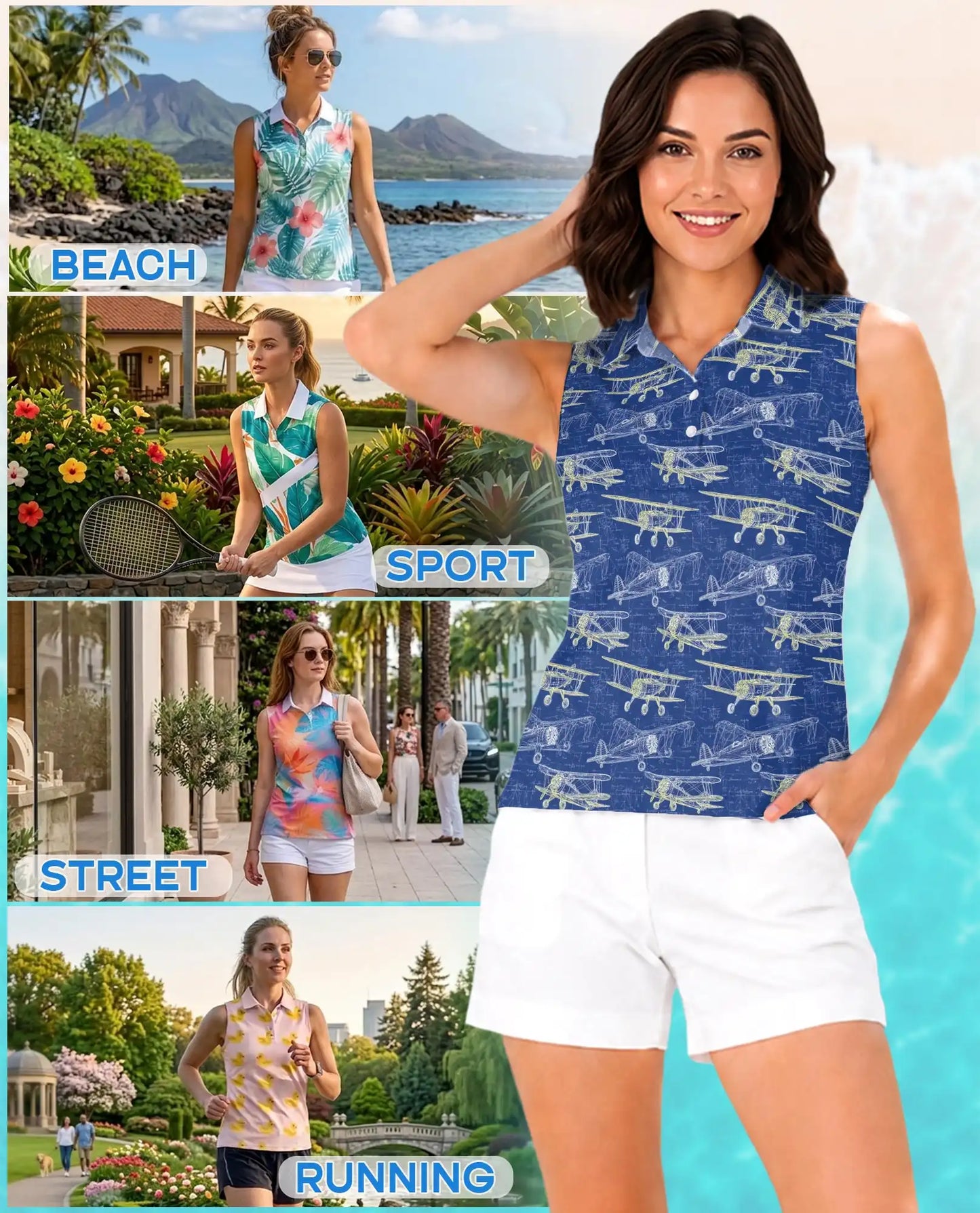 Vintage Biplane Print Sleeveless Polo Shirt for Women, Retro Aviation Style | Azhawaiian