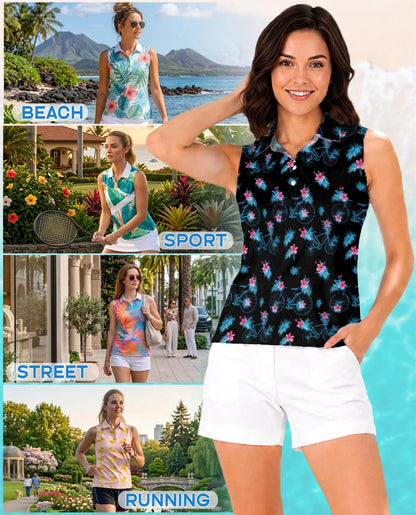 Bicycle Pattern Sleeveless Polo Shirt for Women | Azhawaiian