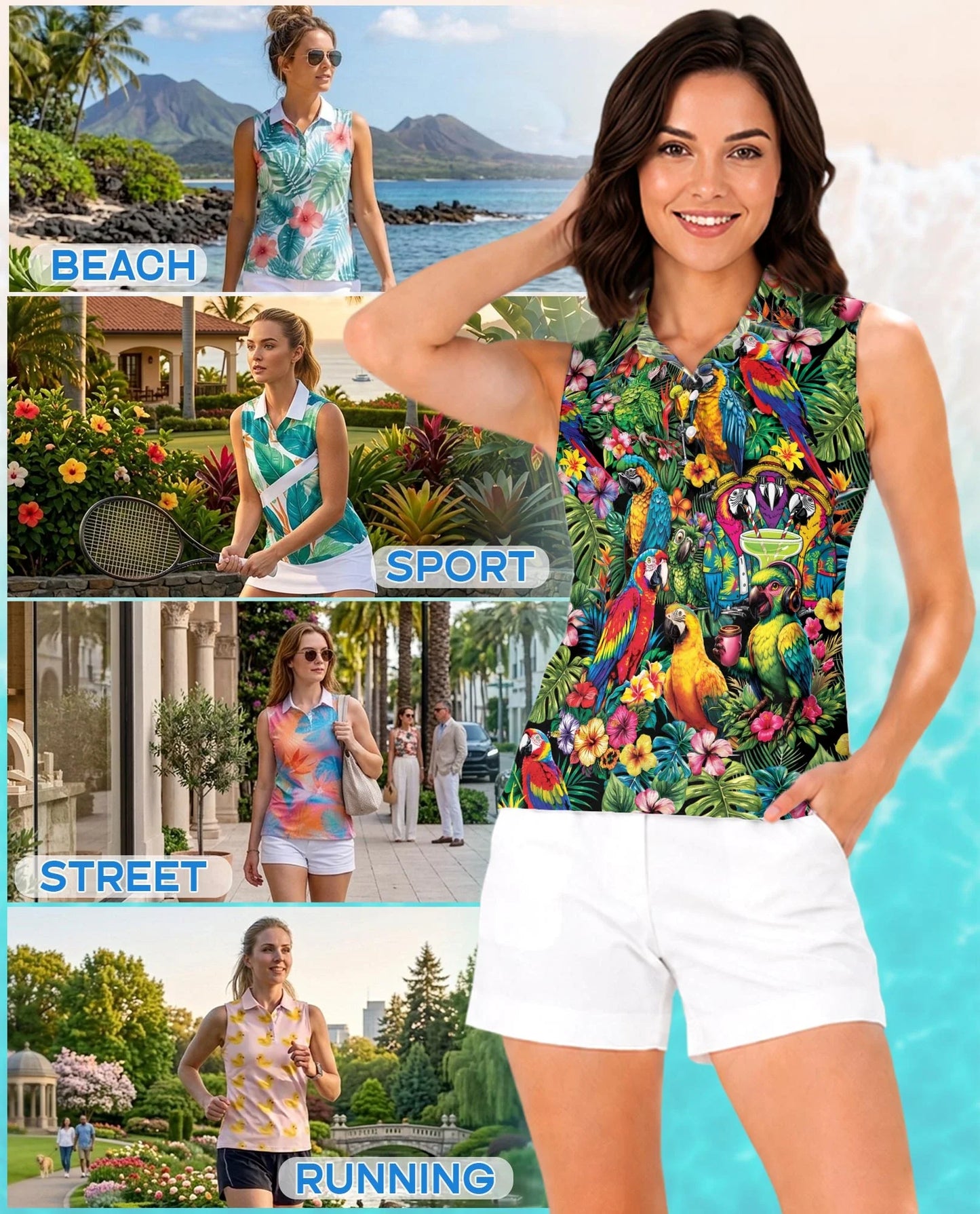Funny Parrot Tropical Sleeveless Polo Shirt for Women | Azhawaiian