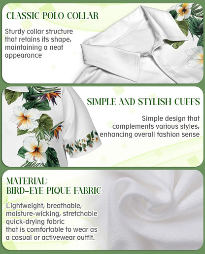White Tropical Hibiscus 3D Polo Shirt for Men, Elegant Hawaiian Floral Style | Azhawaiian