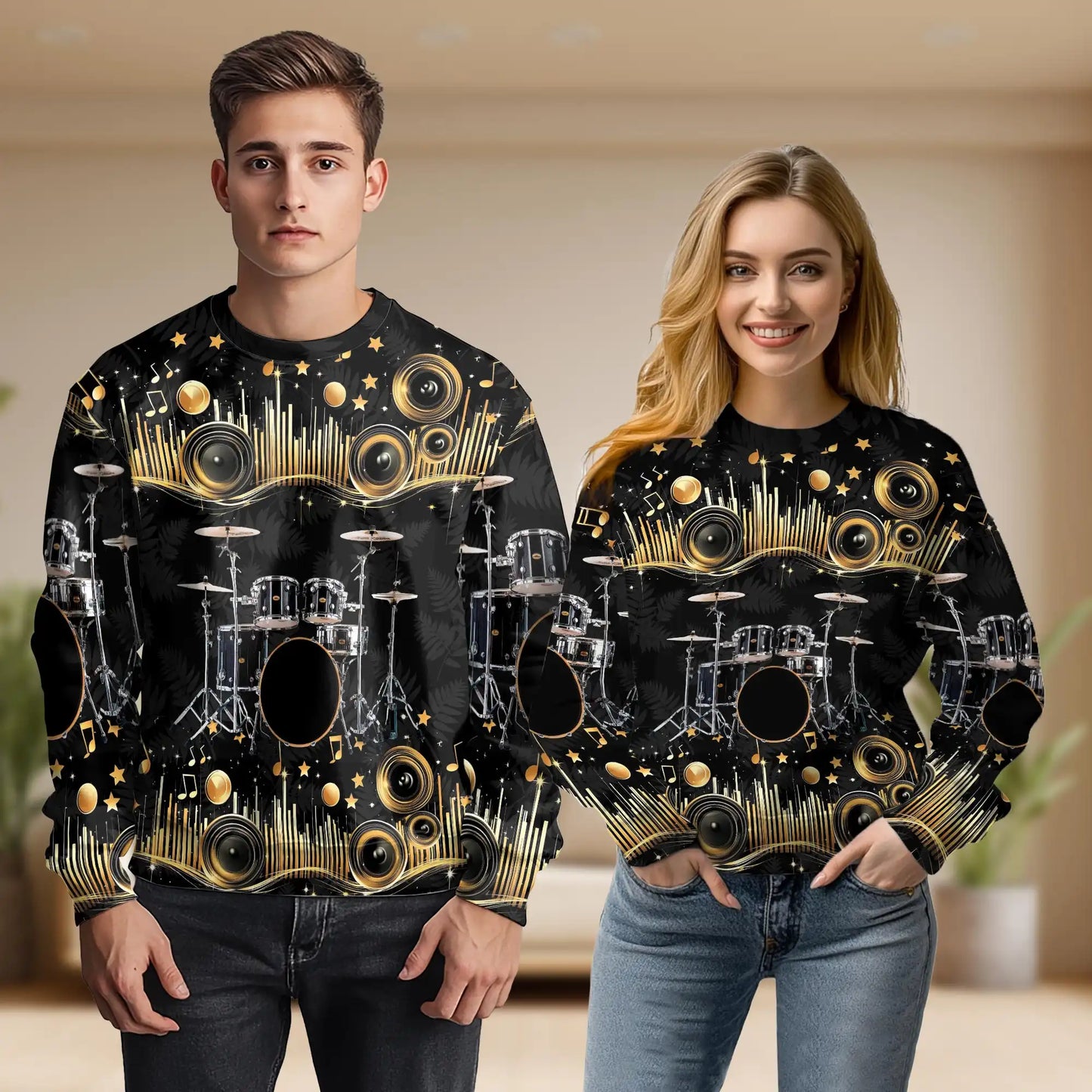 Drum Kit Musical Note Gold Sweatshirt – Colorful Graphic 3D All Over Print Design