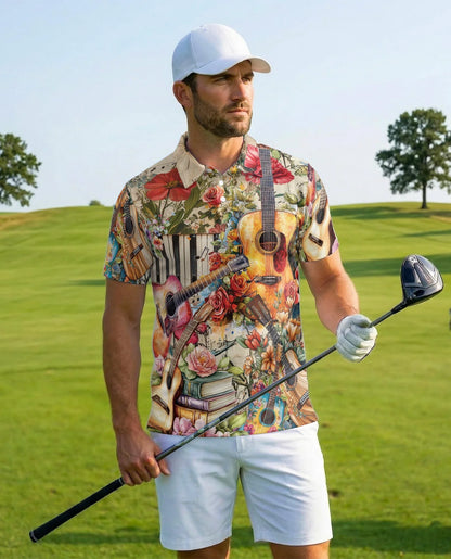 Vintage Flower Ukulele Polo Shirt for Men, Tropical Music Style | Azhawaiian