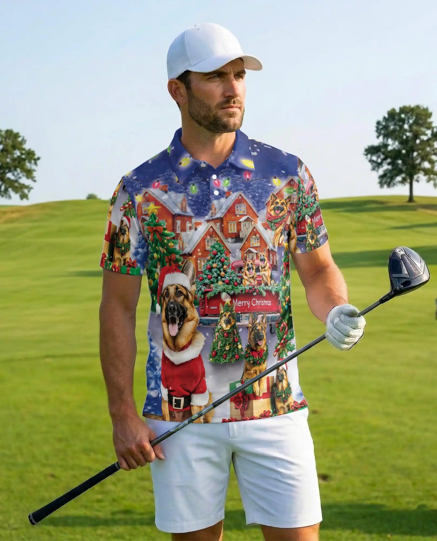 German Shepherd Christmas 3D Polo Shirt for Men, Festive Dog Lover Holiday Style | Azhawaiian
