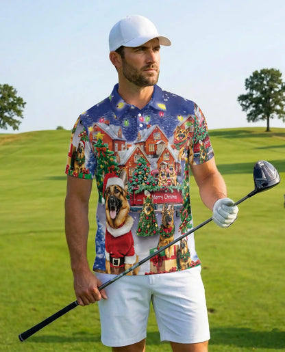 German Shepherd Christmas 3D Polo Shirt for Men, Festive Dog Lover Holiday Style | Azhawaiian