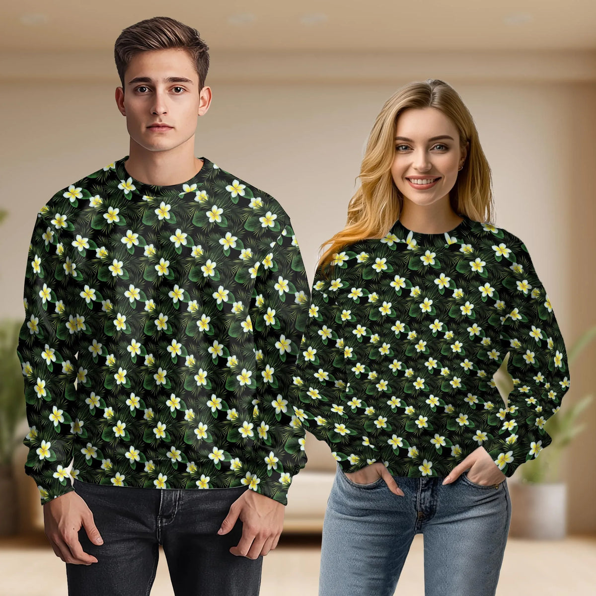 White Plumeria Pattern Sweatshirt – Tropical 3D All Over Print Design