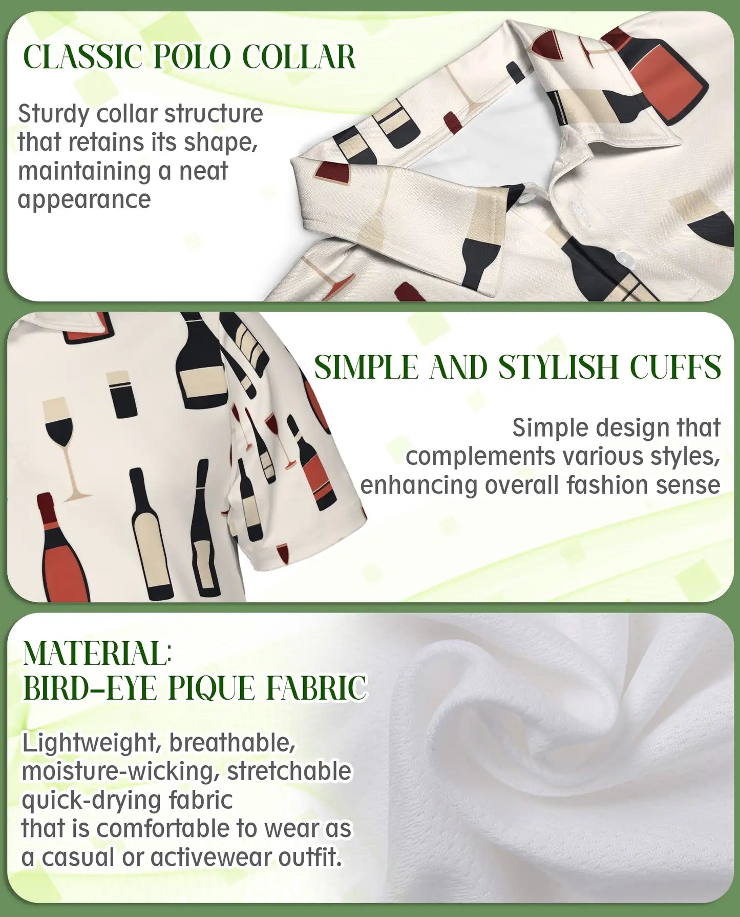 Wine Bottle Pattern 3D Polo Shirt for Men, Minimalist Vineyard Style | Azhawaiian