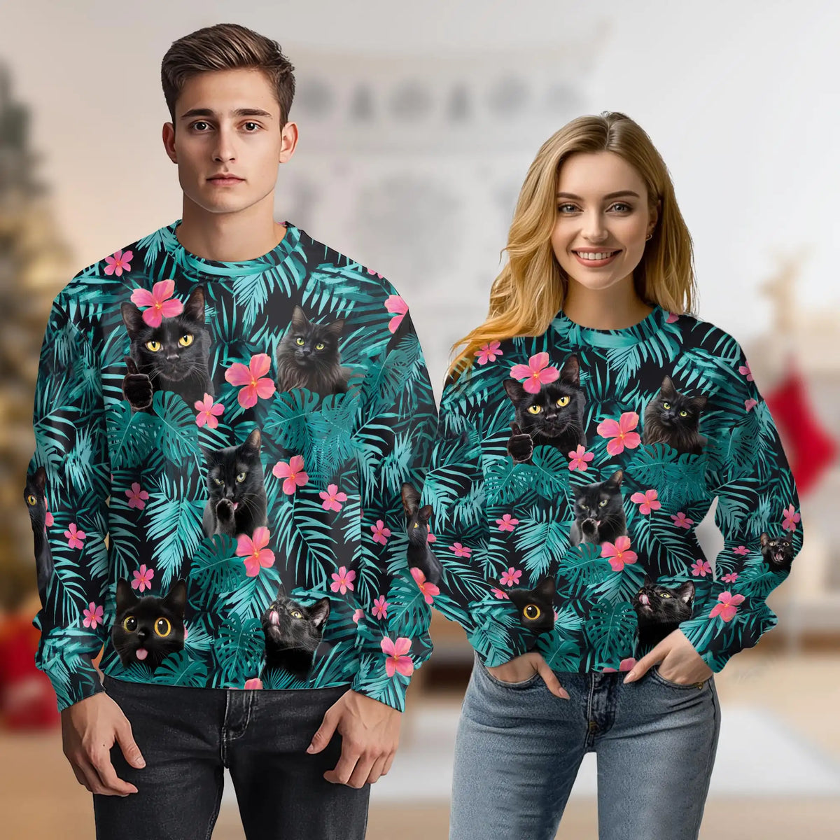 Cute Black Cat Tropical Sweatshirt – Tropical 3D All Over Print Design