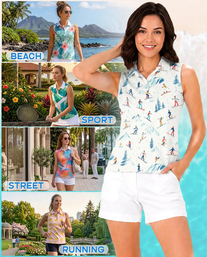 Ski Print Sleeveless Polo Shirt for Women, Winter Sports Adventure Style | Azhawaiian