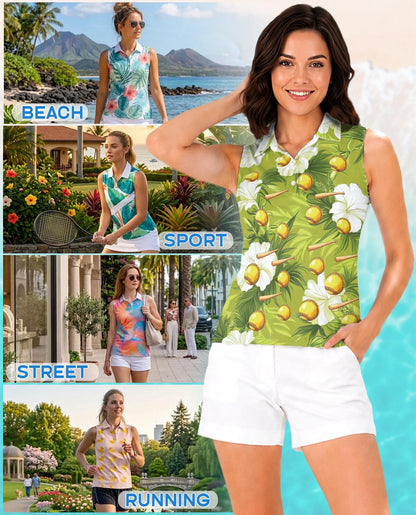 Green Softball and Baseball Bat Tropical Sleeveless Polo Shirt for Women | Azhawaiian