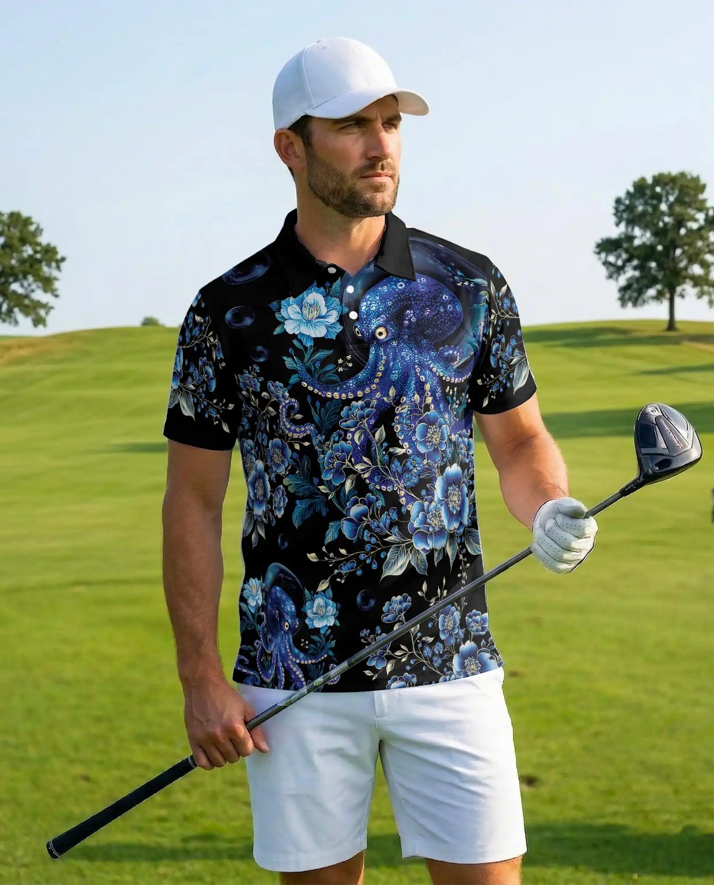 Blue Octopus Polo Shirt - Floral Ocean Fantasy Marine Art Design | Azhawaiian