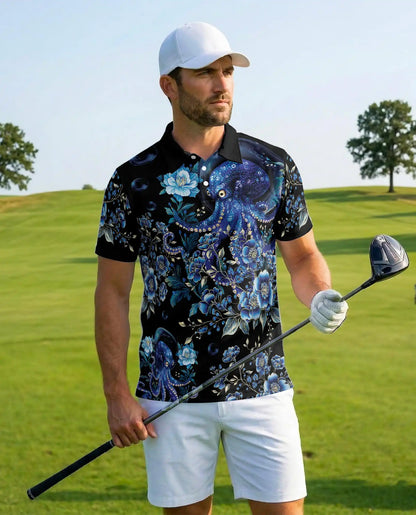 Blue Octopus Polo Shirt - Floral Ocean Fantasy Marine Art Design | Azhawaiian